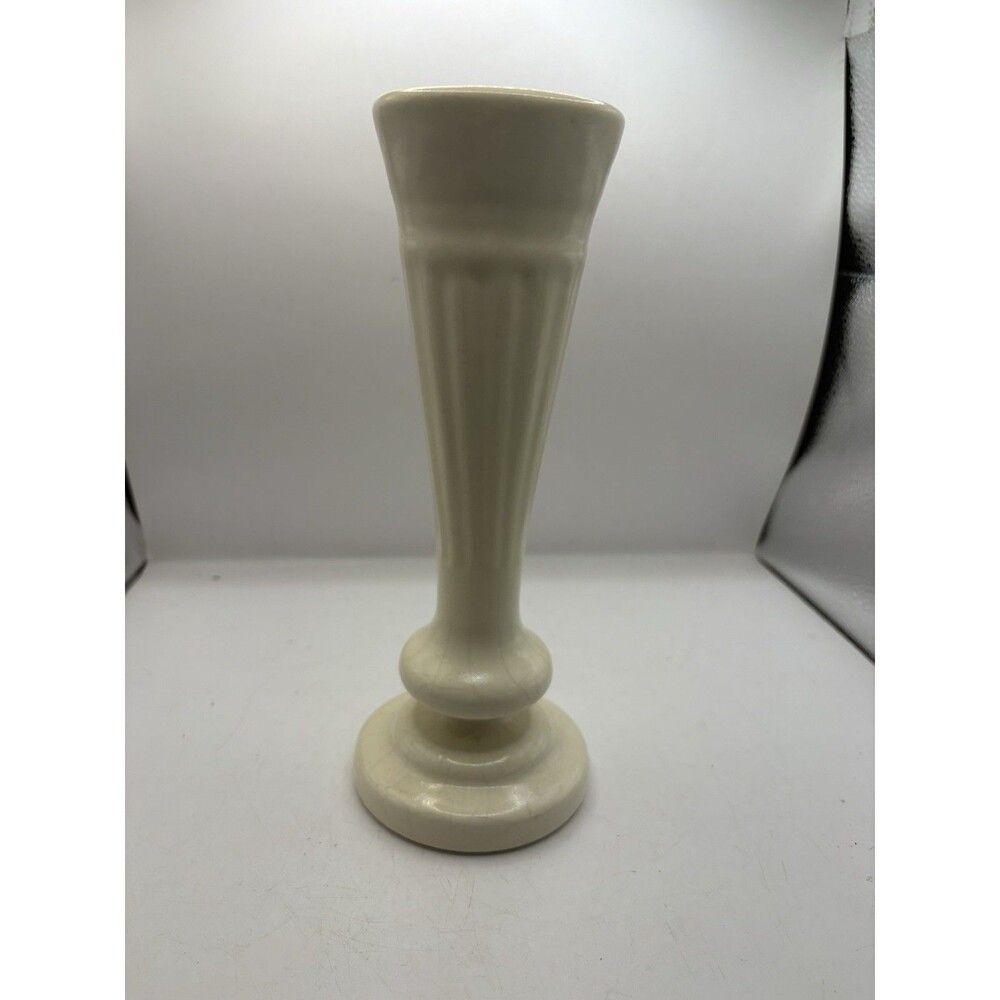 Vintage Haeger Stoneware Pottery Footed Trumpet Vase Cream Color Ceramic #3967